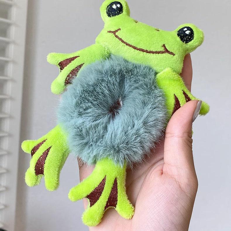 Cute Frog Plush Hair Scrunchie - Korean Style Green Animal Hair Tie for Ponytail & Bun зелёный
