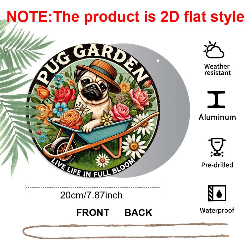 

2D Flat 1pc Humorous Garden “PUG GARDEN” Aluminum Sign Round Decorative Hanging Ornament, Home Kitchen Garden Balcony Fence Decor, Gardening Studio 1pc