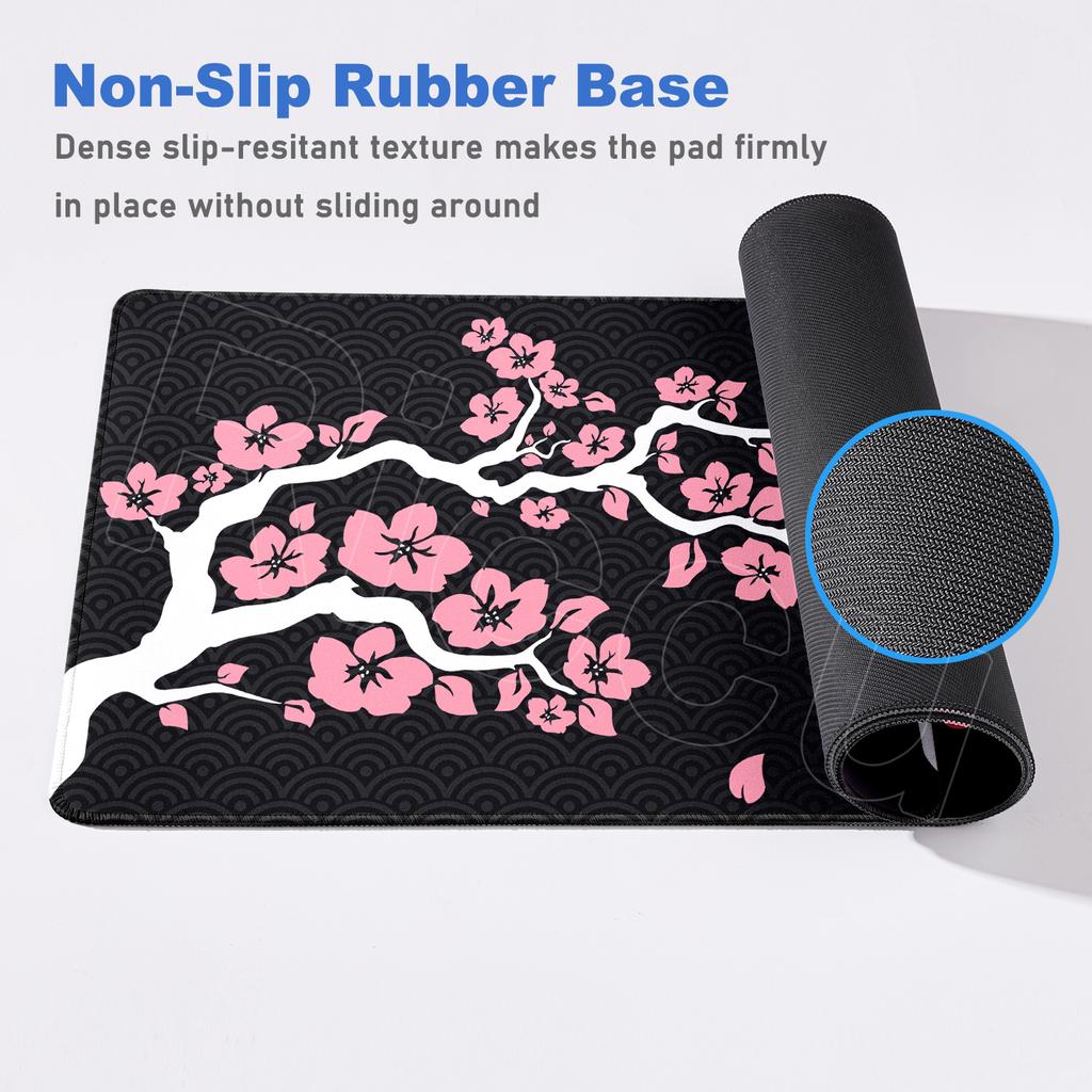 Rosa und Schwarz Neue Kirschblüte Schlossrand Natürliches Gummi Mauspade Großes Gamer Schreibtischpad Sakura Kunst Design Tastaturmatte Waschbar