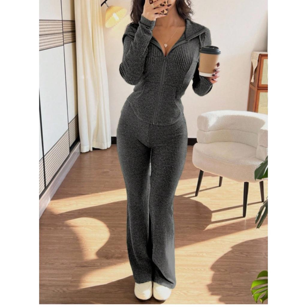 Damen Slim Fit Langarm Rippstrick Reißverschluss Oberteil und Schlaghose Zweiteiliger Trainingsanzug