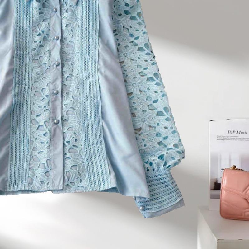 Vintage Fashion Hollow Crochet Casual Shirts for Women Elegant Slim Long Sleeve Loose Women's Blouses Tops Solid Button Up Office Lady Shirt 26448