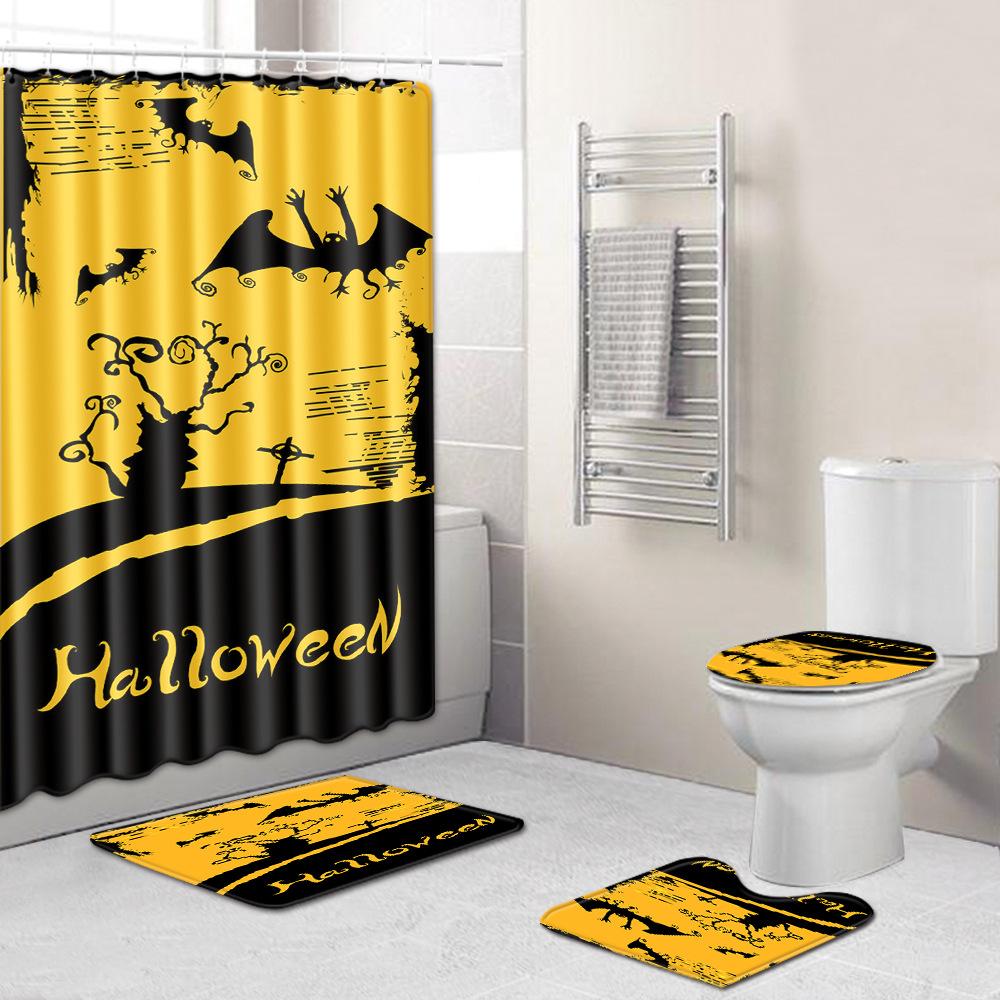 Halloween Duschvorhang Bodenmatte Kombination Vierteilige Haushalts-Fußmatte Schlafzimmer Rutschfester Teppich