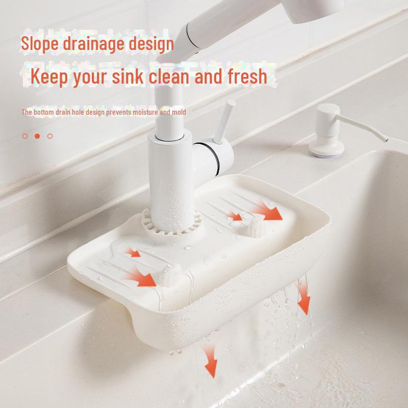 Sink Faucet Splash-Proof Drain Rack: Non-Slip Countertop Pad and Sponge Storage.