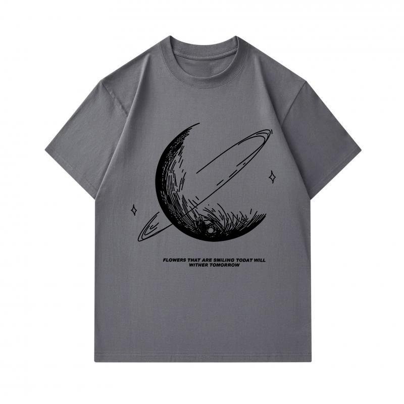 Men's 100% Cotton Crew Neck Short Sleeve T-shirt, Saturn Hand-drawn Sketch Planet Print Casual Tee With Slogan, Comfy Breathable Daily Wear Top For Me