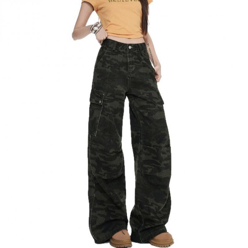 Womens High-Waisted Loose Fit Camo Straight Leg Denim Jeans Streetwear Vintage Style 2026