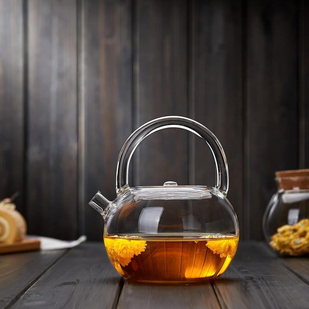 Pokaro Tea Clear Round Teapot, Heat-Resistant Glass Teapot, Shatter-Resistant, Direct Heat Safe, Large Capacity 850ml, Clear Glass, Hand-Shaped