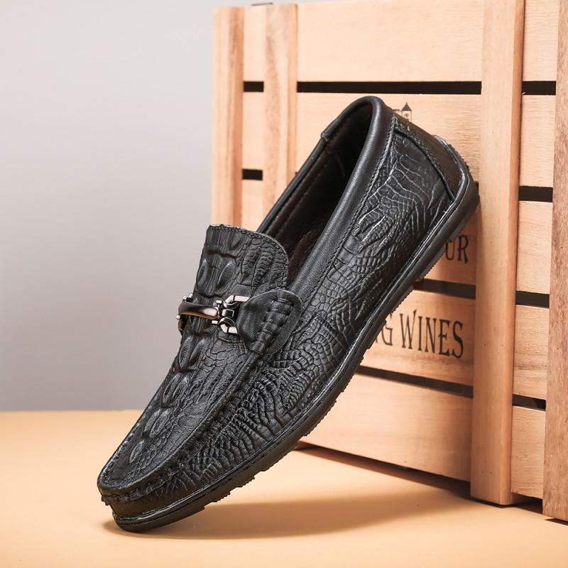 Mens Loafer Slip-On Shoes Genuine Leather Crocodile Texture Casual Flat Comfortable Round Toe Winter