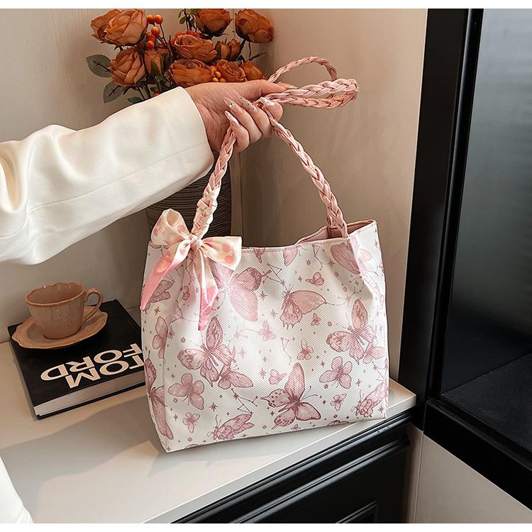 Chic Butterfly Print Faux Leather Tote Bag for Women, Woven Texture Shoulder Underarm Bag, Casual Daily Commute Handbag