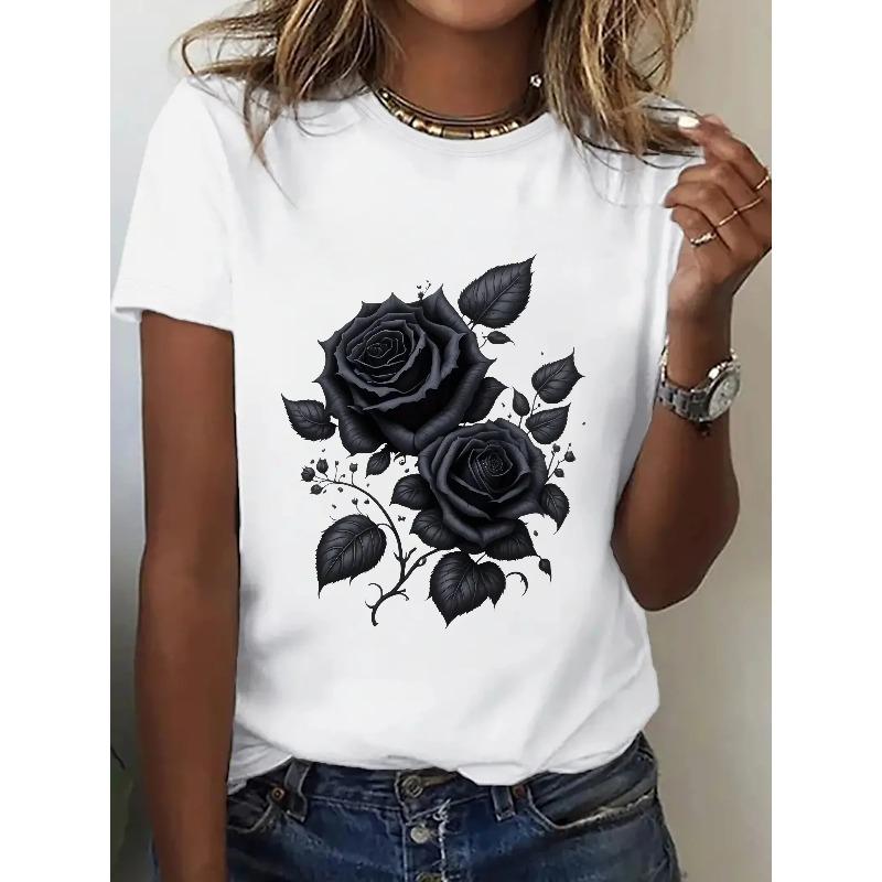 Women's Black Rose Floral Print Breathable Stretchy Round Casual Casual Attire & Sports Women's Harajuku Short Sleeve Casual