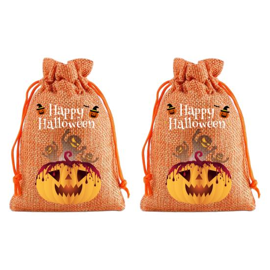Handmade Style Party Bags 2Pcs Halloween Pumpkin Drawstring for Candy Treats, Retro Burlap Festival Totes Trick or Treat Bags, Portable Goodie