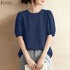 Women Casual Round Neck Solid Color Loose Short Sleeve Blouse