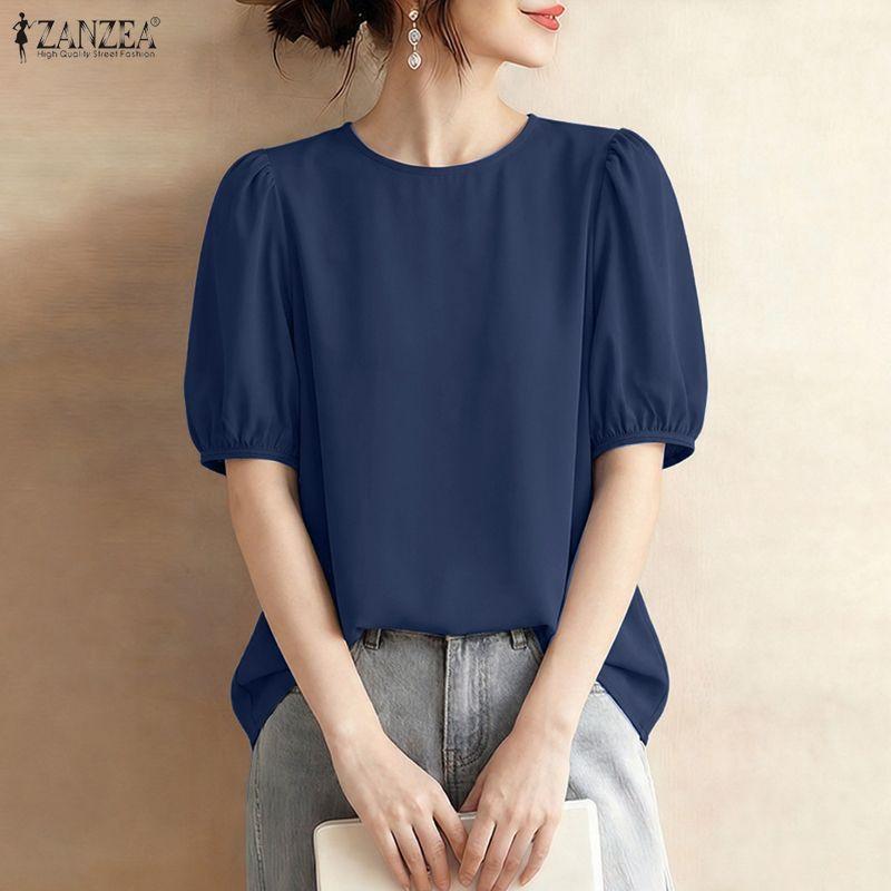 ZANZEA Lässige Bluse mit Rundhalsausschnitt, einfarbig, locker und kurzärmelig für Damen