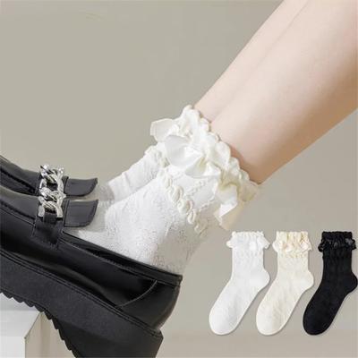 3 Pairs Lolita Socks White Black Lace Girls Socks Middle Tube Japanese College Style Princess Socks Sweet JK Streetwear Hosiery