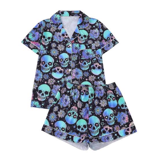 Halloween Women Pajamas Set Ghost Pumpkin Print Short Sleeve Button Down Shirts And Shorts Sleepwear Set 2 Piece Loungewear Pjs Short Set