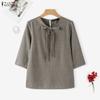 ZANZEA Women Plaid Print Casual Round Neck 3/4 Sleeve Blouse