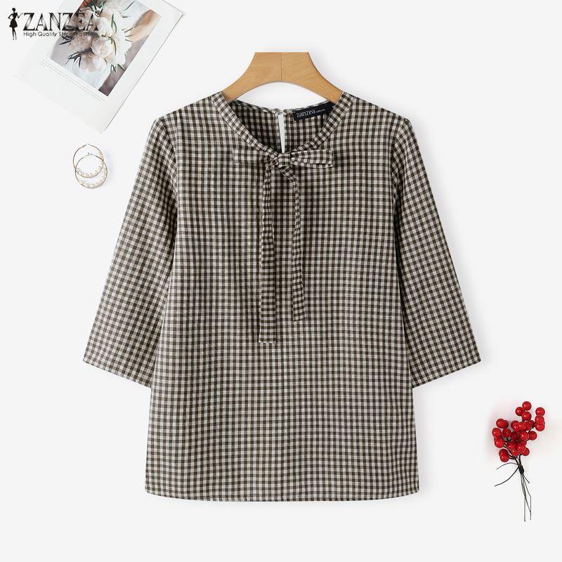 ZANZEA Women Plaid Print Casual Round Neck 3/4 Sleeve Blouse