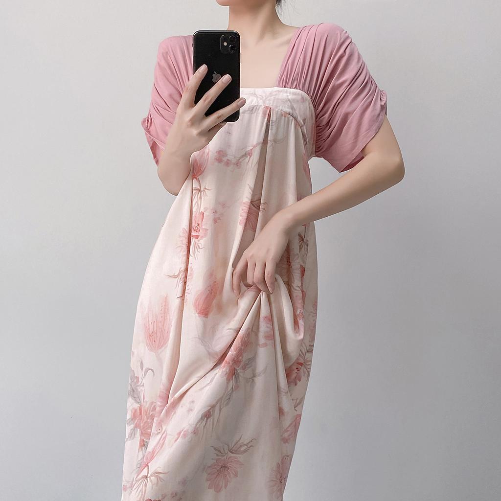 Short-sleeved cotton silk nightgown women's summer square collar improved Hanfu national style cotton silk skirt loungewear can be worn outside