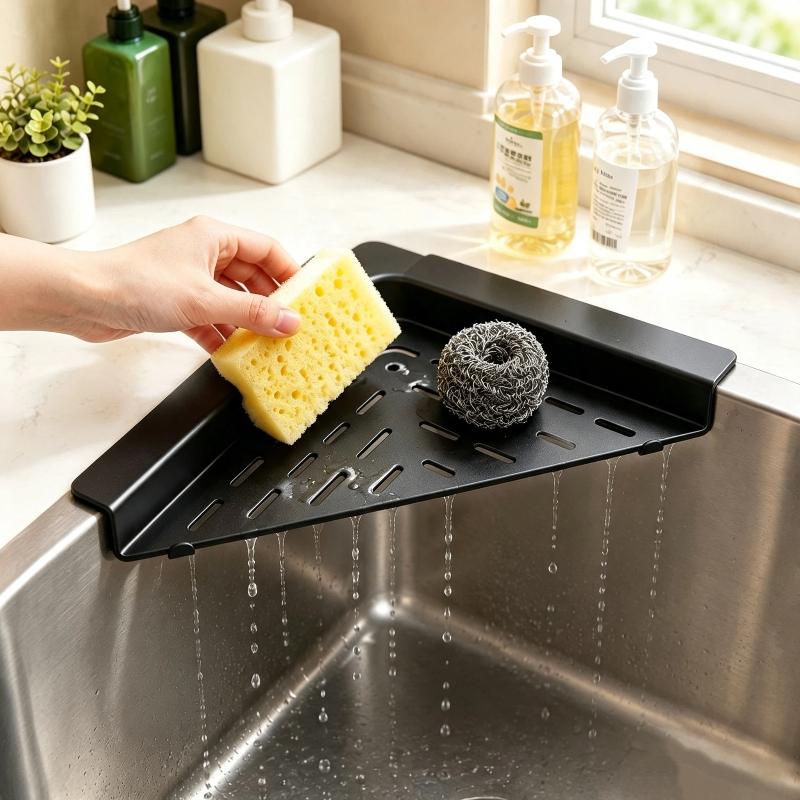 Stainless Steel Sink Corner Rack Anti-Rust Punch-Free Dish Drying Rack Quick Water Drainage Hollowed Dishcloth Sponge Stand