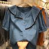 111% Pure Cotton Loose Shirt Women's 1116 Summer New Solid Color Round Neck Ruffle Edge Temperament Versatile Short-sleeved Shirt