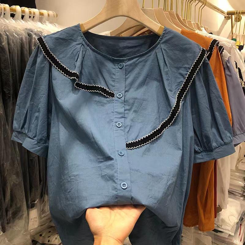 111% Pure Cotton Loose Shirt Women's 1116 Summer New Solid Color Round Neck Ruffle Edge Temperament Versatile Short-sleeved Shirt