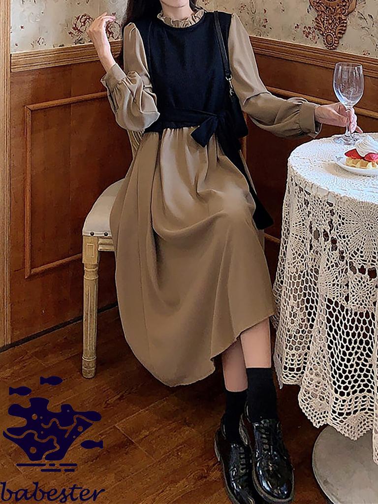 Babestar Layered Long Sleeve Skirt with Solid Long Perfect for Casual Black and Size Women's Dress, Ruffles, Color, A-Line, Waistline, Sleeves,
