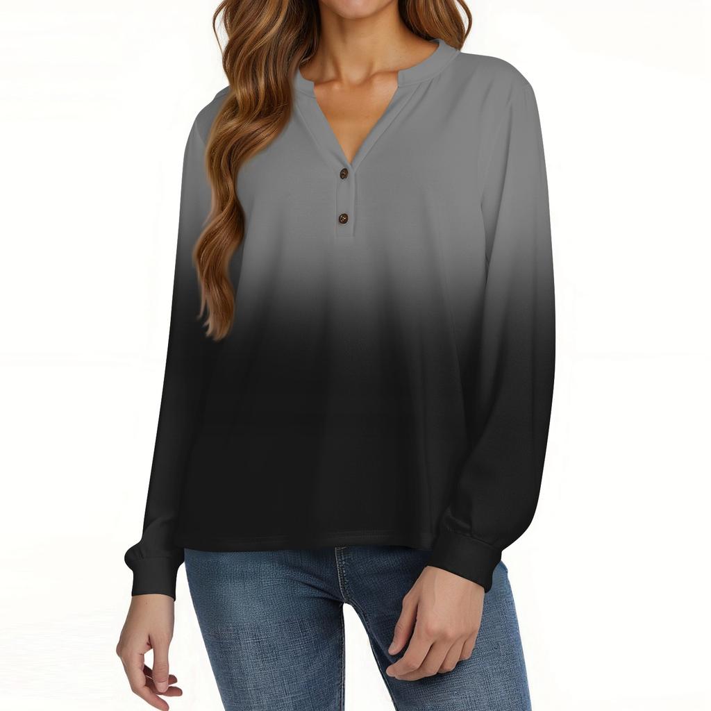 Damen T-Shirt Print Knopf Langarm Täglich Wochenende Mode Basic V-Ausschnitt Regulär Oberteil