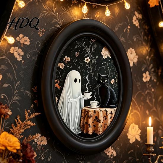 Soft Dark Tone Art Halloween Ghost Wall Art Cute Table Sign Vintage Oval Framed Academia Decor Picture Decorative for Mantel Living Room