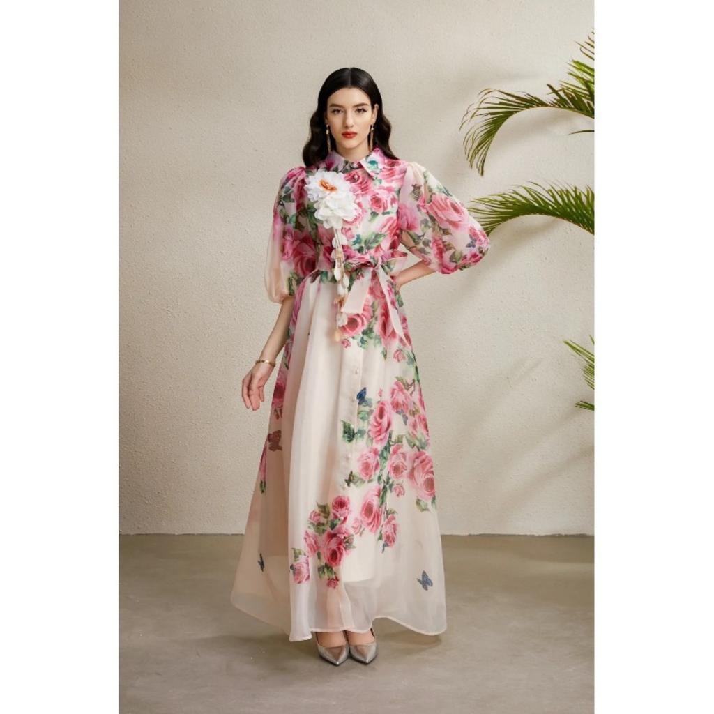 Women's Turn Down Collar Short Sleeve Maxi Dress Slim Fit Mid Waist Elegant Floral Print Shirt Dress