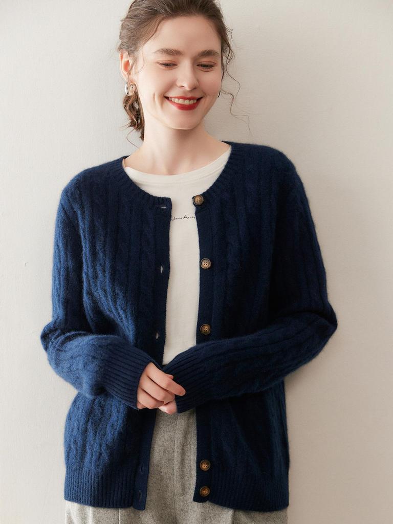 Women's Cashmere Round Neck Cardigan: Knit Long Sleeve Cable Sweater for Autumn & Winter Outerwear.