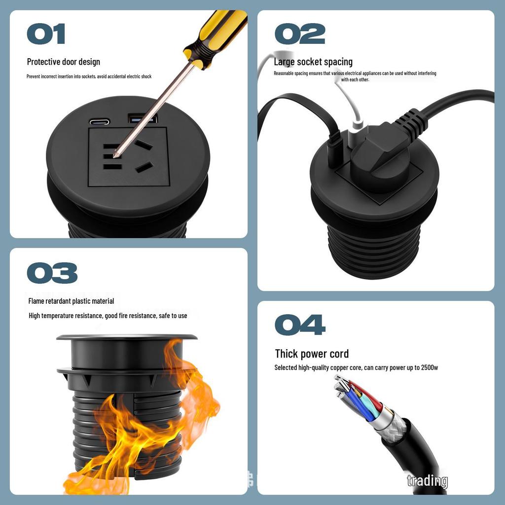 Recessed Round Desktop Power Socket with USB Charging, 60mm Hole