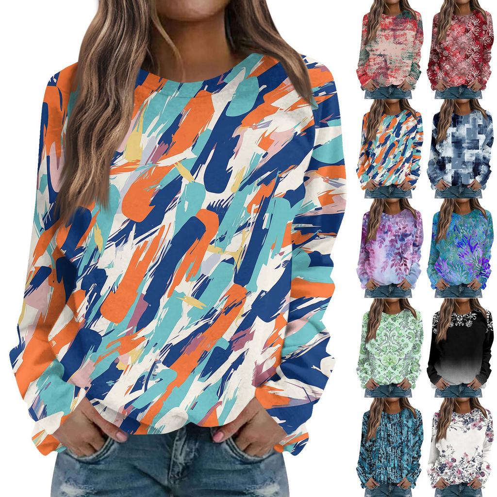Ladies' Casual Long Sleeved Retro Floral Print Round Neck Raglan Top Pullover Sweater