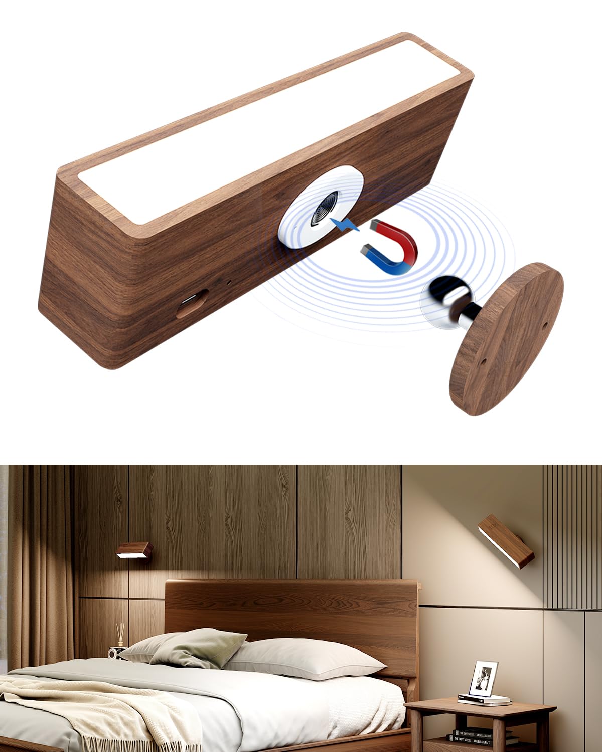 

DetarZin LED Indirect Lighting Spotlight, Wooden Bedside Lamp, Stepless Dimming, Cordless Reading Light, No Installation Required, Magnetic, Lighting