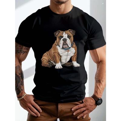 Europese Maat Heren Grote Maten Casual T-shirt met Bulldog Afbeelding, 100% Ronde Hals Korte Mouwen Tee, Lichte Stretch Gebreide Stof