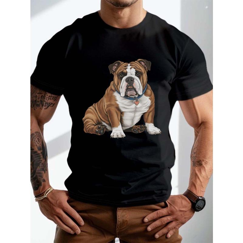 European Size Men'S Plus Size Casual T-Shirt with Bulldog Graphic, 100% Crew Neck Short Sleeve Tee, Slight Stretch Knit Fabric