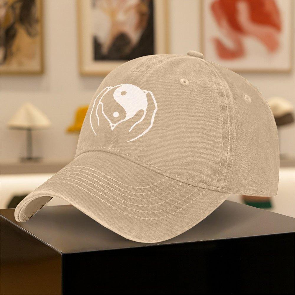 Vintage Washed Baseball Cap with Tai Chi Print for Unisex and Women