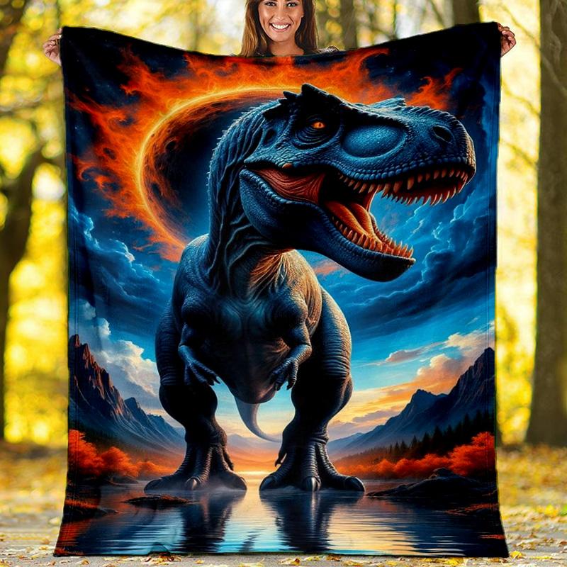 Dinosaur World Prehistoric Scene Fleece Printed Flannel Blanket, Warm Soft Throw Sofa Bed Blanket