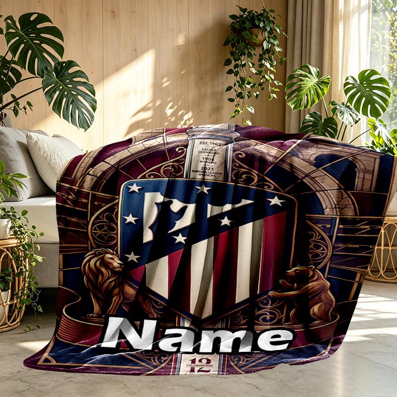 Custom Name Personalized Atletico Madrid Print Blanket, Home Decor, Bedroom, Sofa, Camping, Couch, Gifts for Birthday Christmas