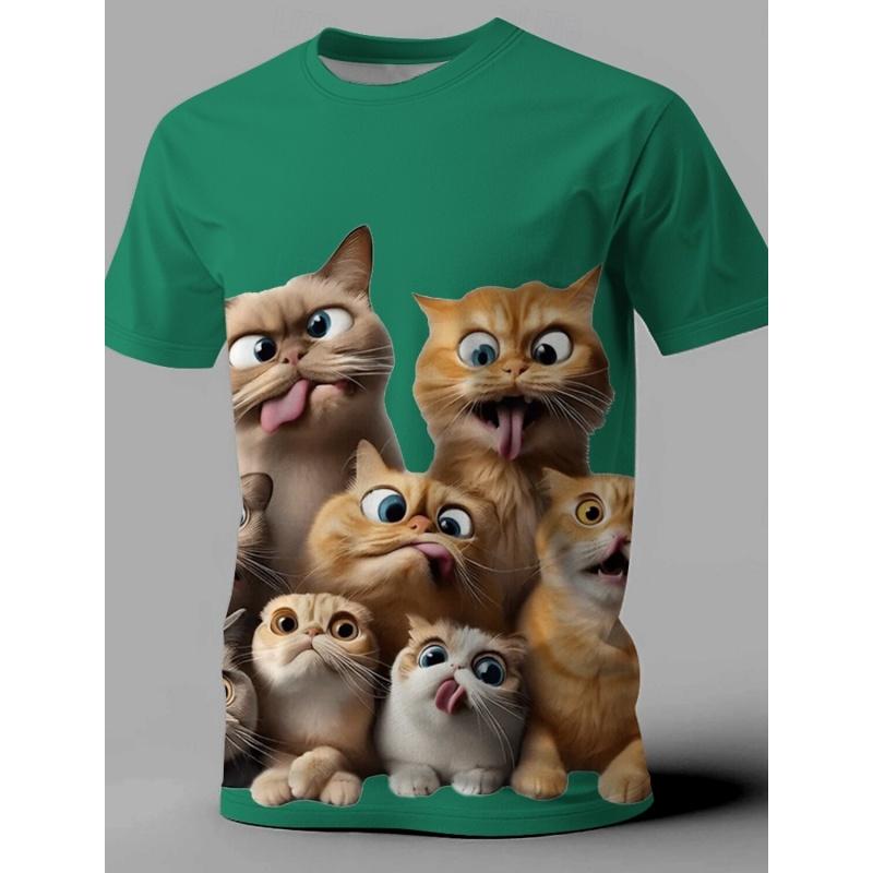 Summer Round Neck 3D Cat Print Top Fashionable Casual Short Sleeved Men's T-shirts