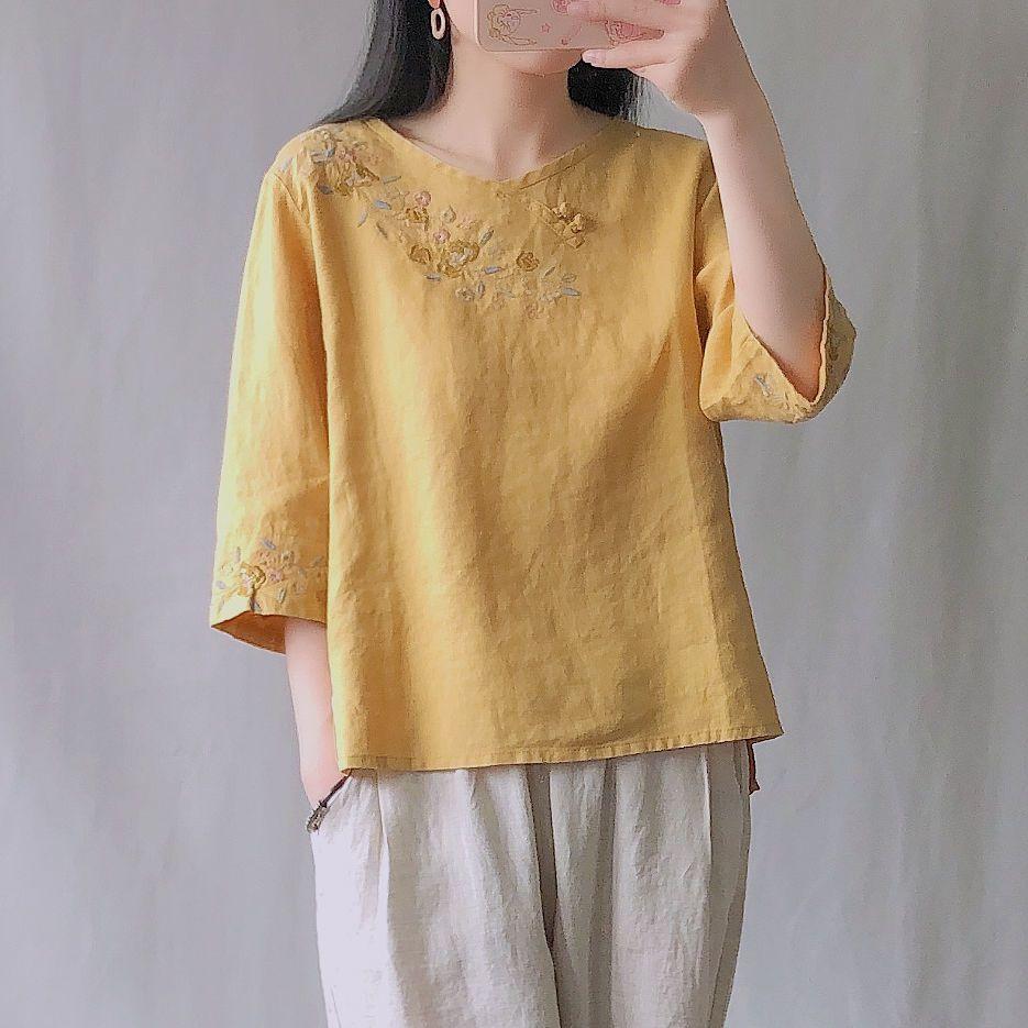 

Seven Eighth Sleeve Embroidered T-shirt Women s Summer Cotton Linen Shirt Medium Length Loose Retro Button Up Top XS жёлтый