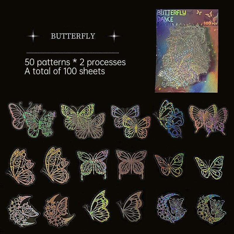 100pcs PET Laser Flash Stickers Magic World Butterfly Blooming Camellia Flowers Creative Retro Transparent Waterproof Stickers