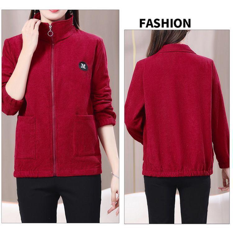 2025 Spring/Autumn Women's Plus Size Corduroy Jacket: Long Sleeve, Loose Fit, Zipper, Solid Color Cardigan
