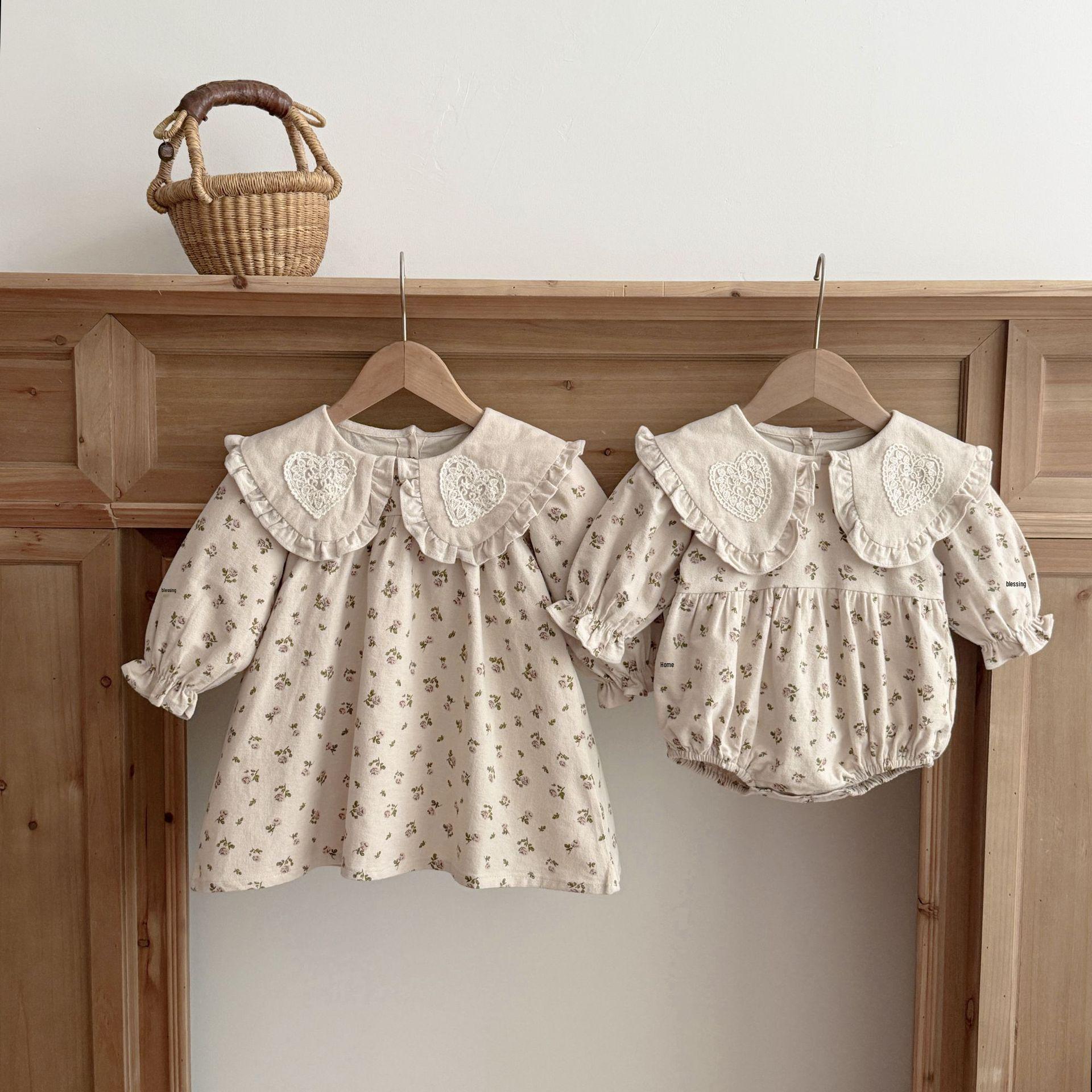 

Korean Style Floral Long Sleeve Princess Dress & Baby Romper Set for Girls 80 cm