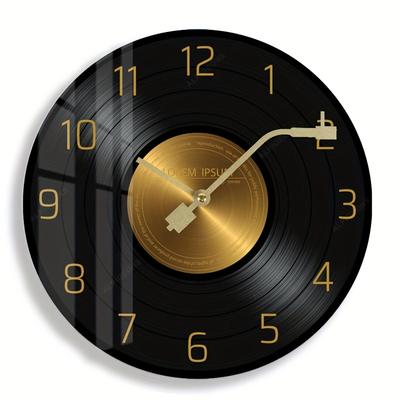 Vintage Vinyl Recording Wall Clock - Black and Gold Timepiece, Tempered Glass Surface, Silent Clock