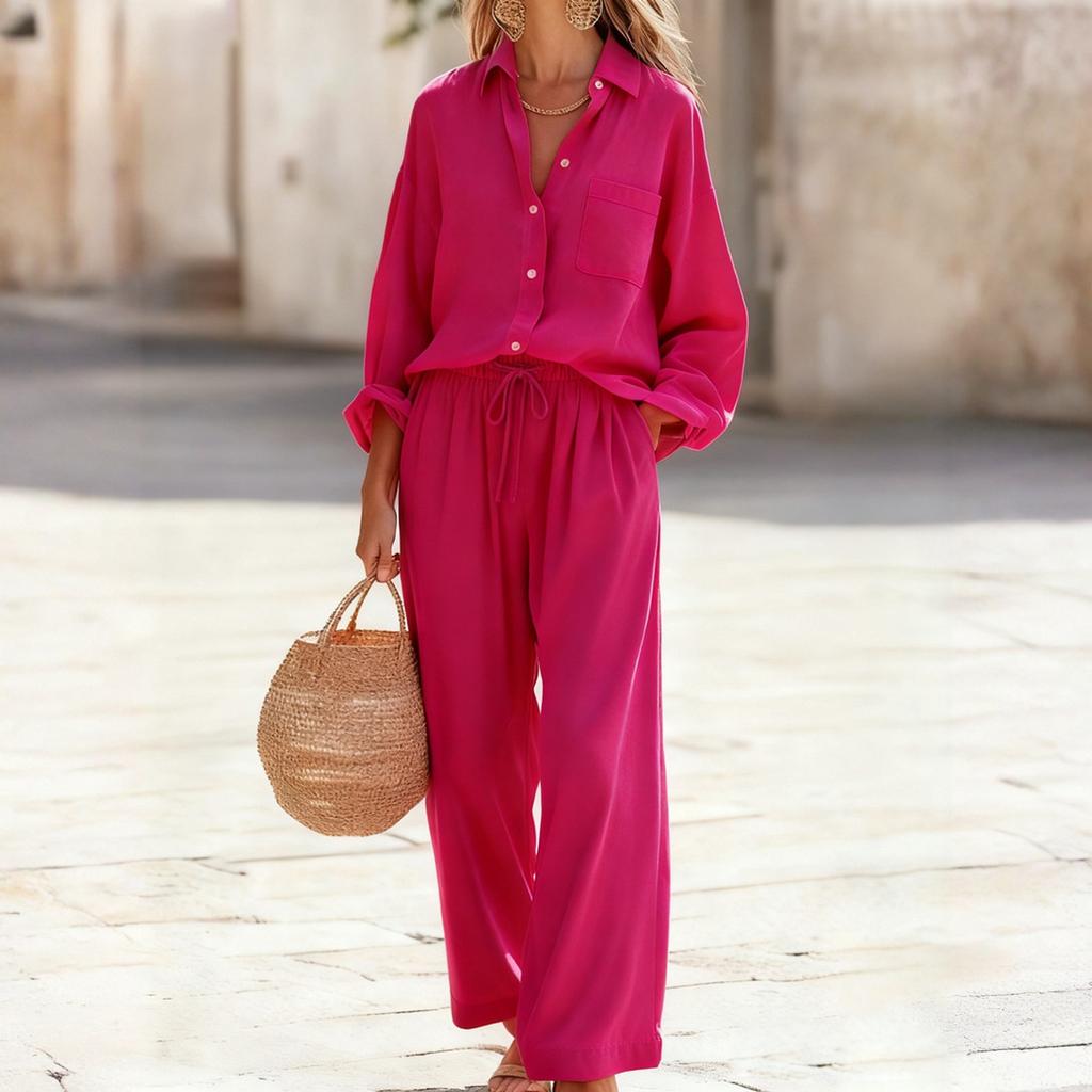 Fashion Women's Color Set, Women's Imitation Cotton And Linen Loose Long Sleeved Top Set, Women's