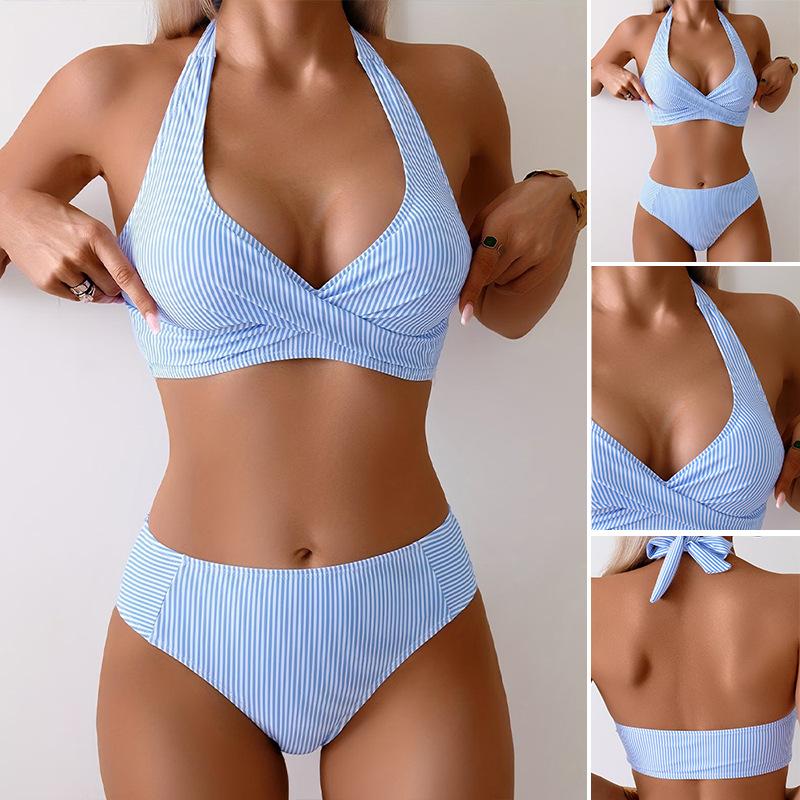 Women Vertical Striped Wrap V Neck Halter Bikini Set High Waist Two Piece Bathing Suit S