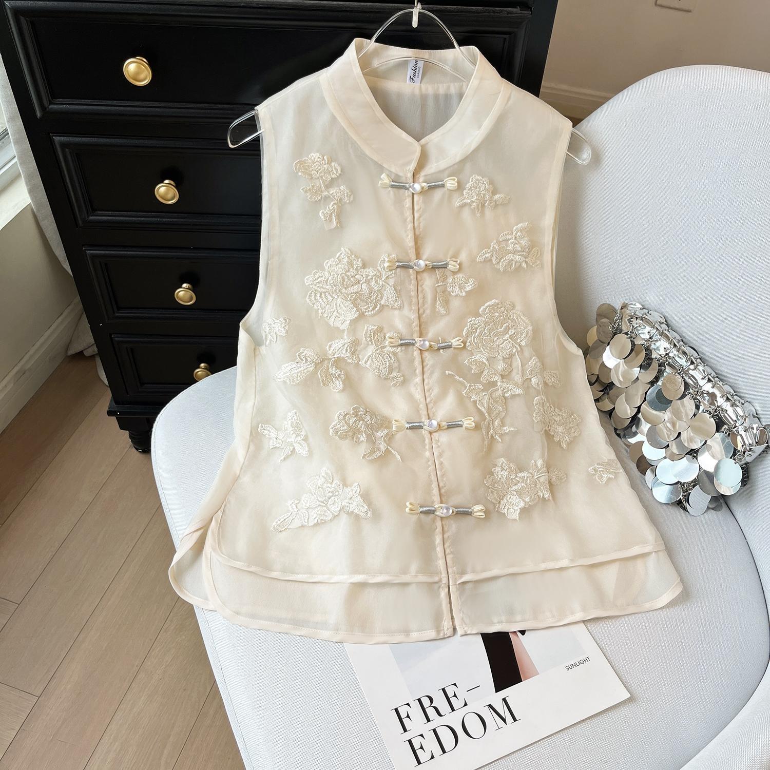 

6611 Вышитый жилет жилет женский летний высококачественный органза воротник-стойка пряжка жилет снаружи 3XL ([Recommended 138-75kg])