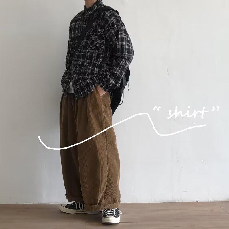 Spring Men's Retro Loose Plaid Hoodie Long Sleeve Shirt - Korean & Hong Kong Style