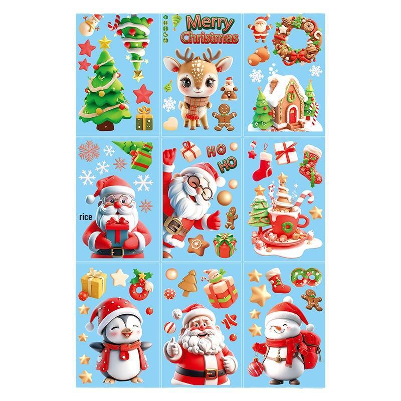 3D Santa Claus & Reindeer Static Clings for Windows - Self-Adhesive Christmas Decorations