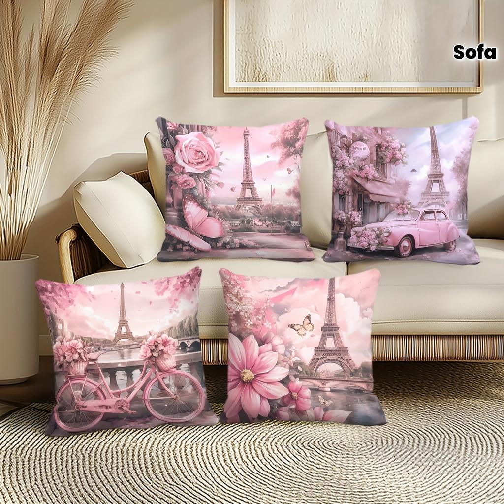 Blush Pink Paris Romantic Pillowcase - Eiffel Tower & Floral Car/Bike Print Pillow Cover for Sofa Bedroom Living Room