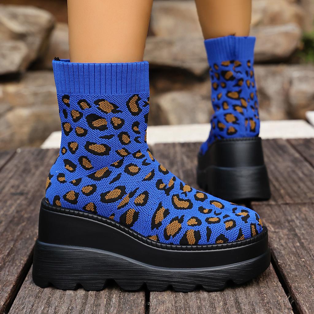 Women Punk Ankle Boots Leopard Design Platform Motorcycle Boots Lace Up Block Heel Comfortable Casual Outdoor Shoes